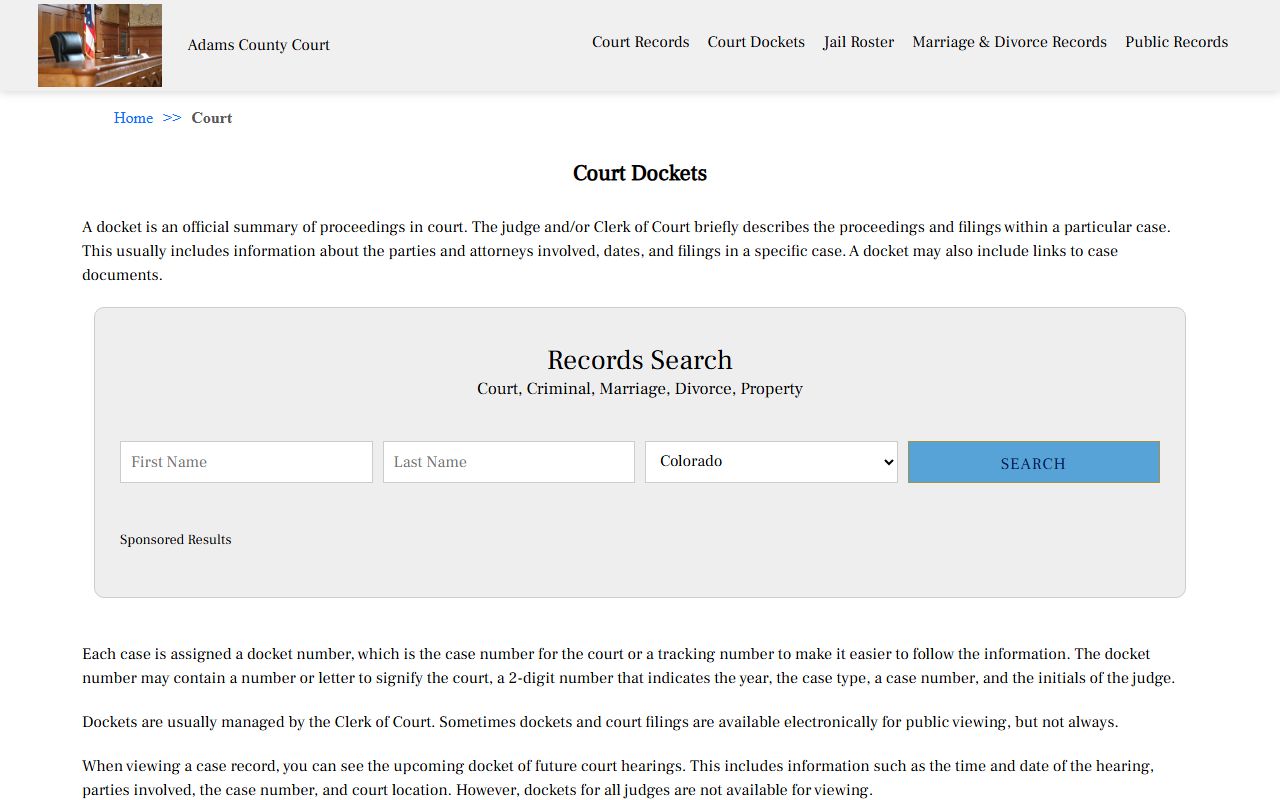 Adams County criminal history records court dockets page