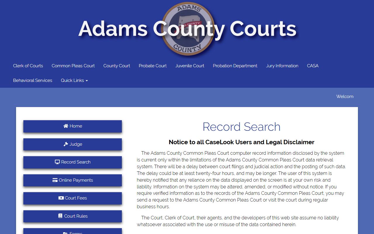 Adams County criminal history records court record search portal