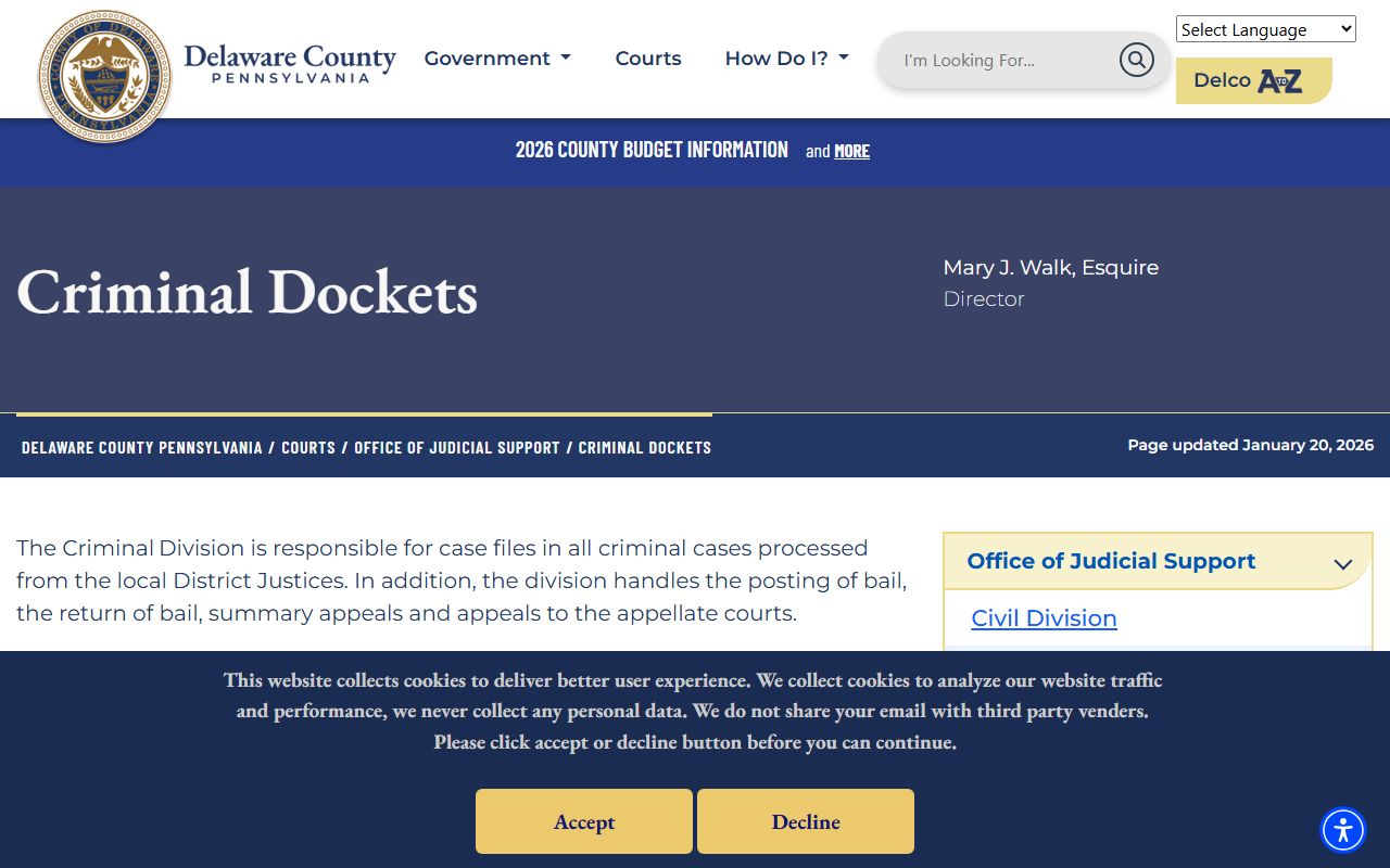 Delaware County criminal history records criminal dockets office judicial support Media