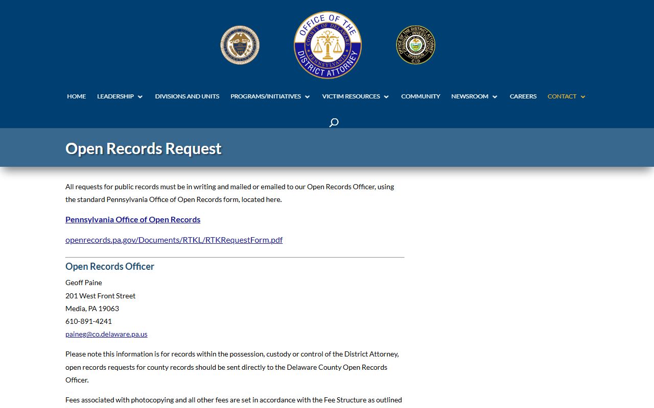 Delaware County criminal history records District Attorney open records request Media
