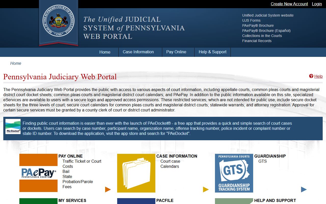 Pennsylvania criminal history records via the PA Judiciary Web Portal home page