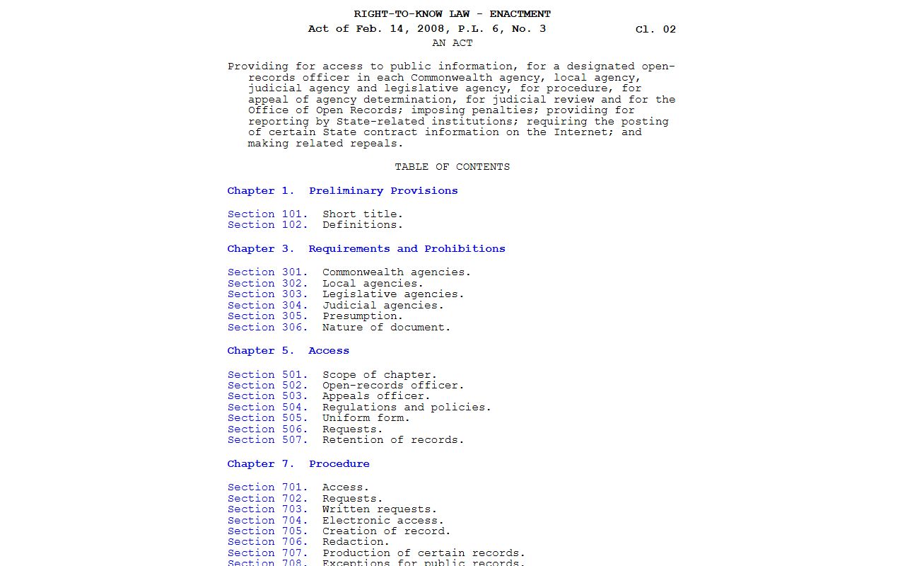 Pennsylvania criminal history records governed by the PA Right-to-Know Law statute