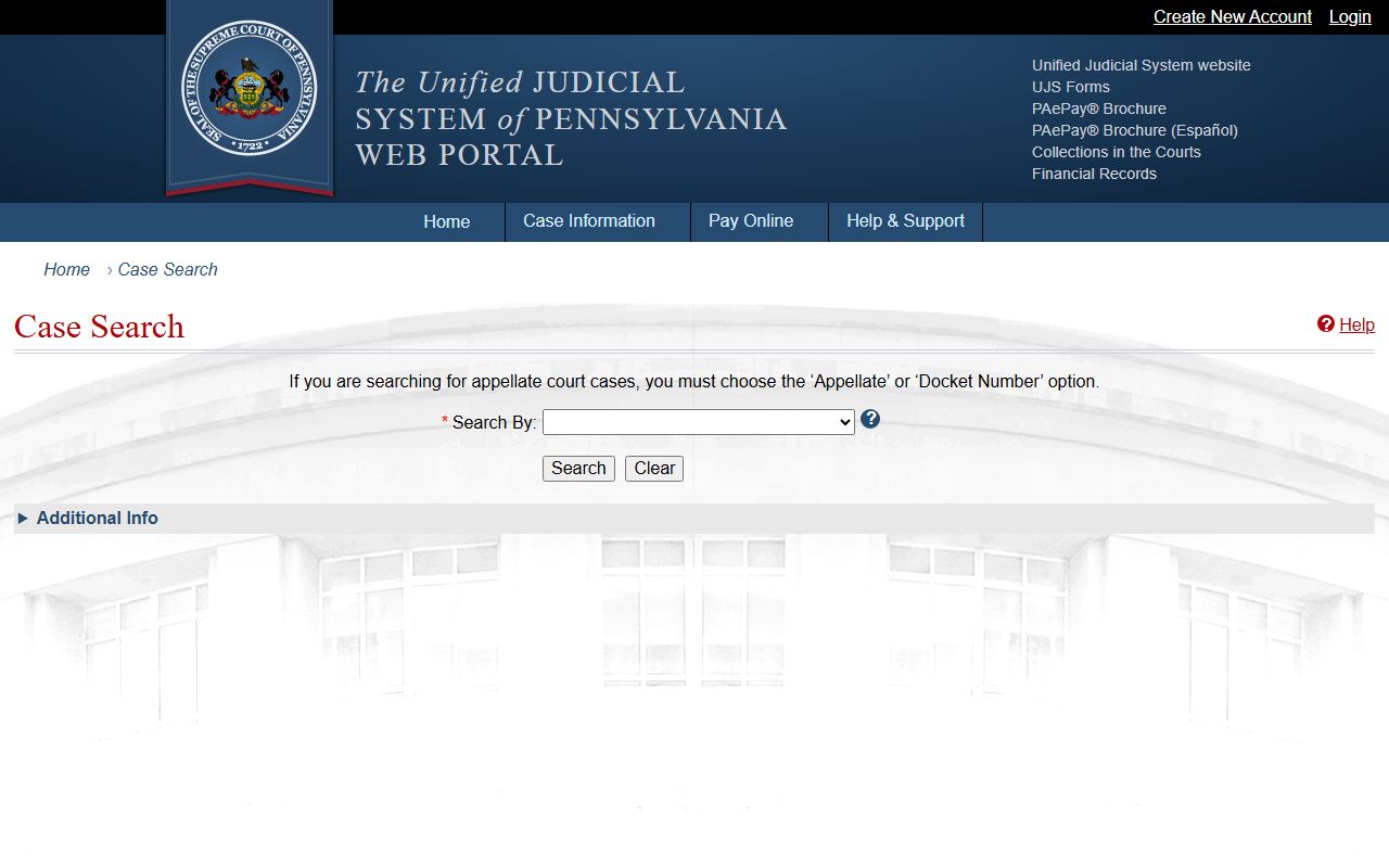 Pennsylvania criminal history records search via UJS Portal Case Search tool